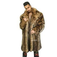 Men Furry Faux Mink Casual Overcoat Fur Coat Mid Long Winter Outwear Lapel Chic