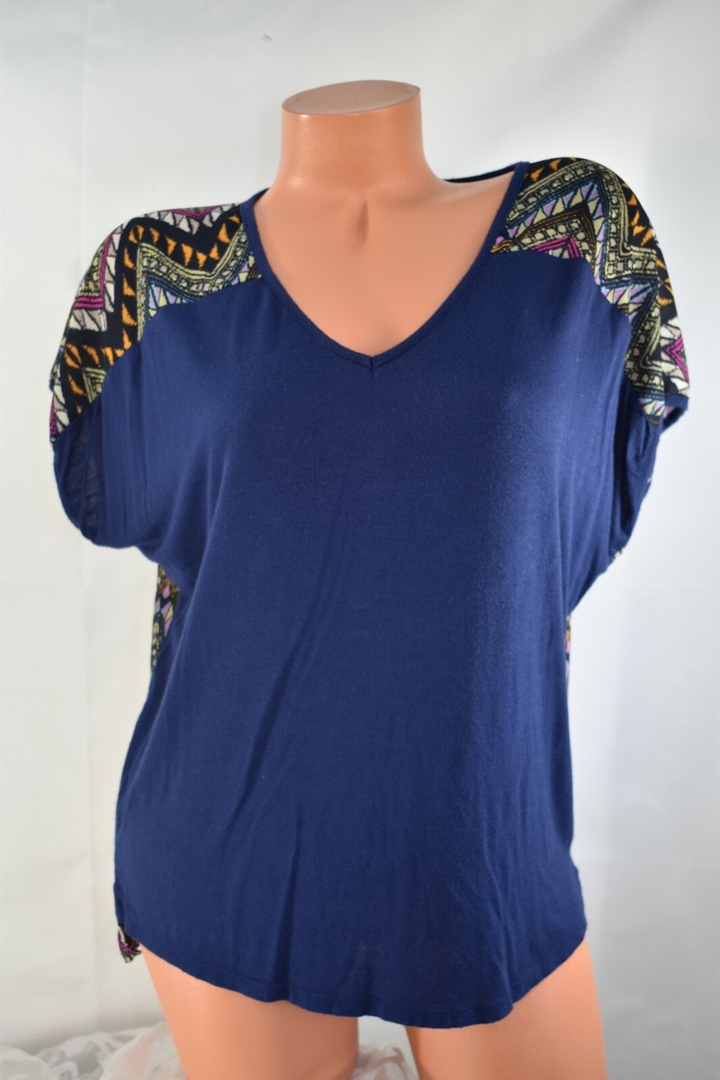 PIXLEY (S) Top Stretch Knit BLUE Front Chiffon Tribal Chevron