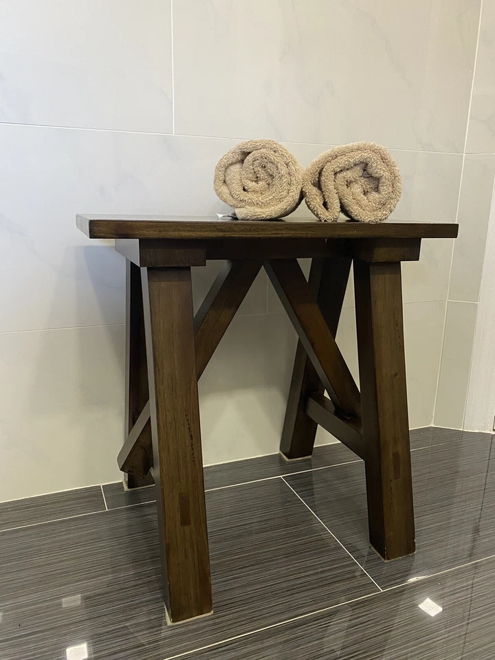 Vtg Pottery Barn Lexie Mahogany Wood Bath/Bedroom Stool Vanity Bench Foot Rest - Image 2 of 4