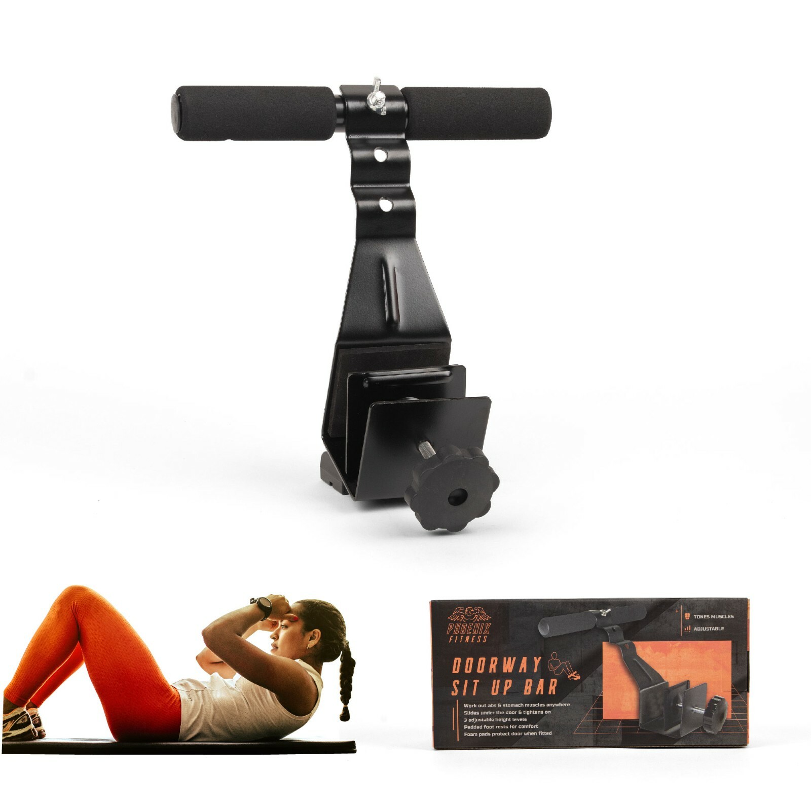 Door Sit-Up Bar for Abdominal Exercises, Adjustable Levels and Padded Ankle Bar