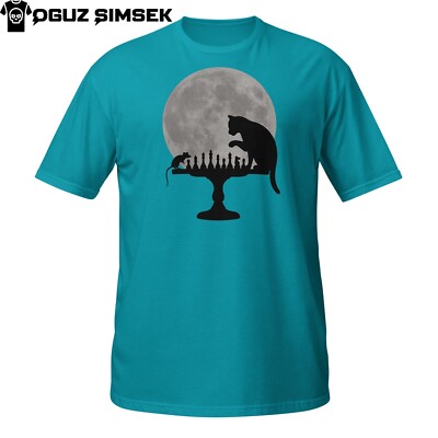 Cat And Mouse Chess Battle T-Shirt | Full Moon Silhouette Design | DTG Print Tee