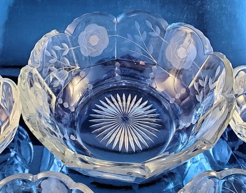 Heisey Glass #429 PLAIN PANEL RECESS Berry Set with Rose Engraved Decor w/H Mark - Picture 3 of 8