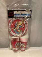 Vintage Disney Mickey Mouse It’s a Party for 8 Set Plates Cups Napkins Tableclo