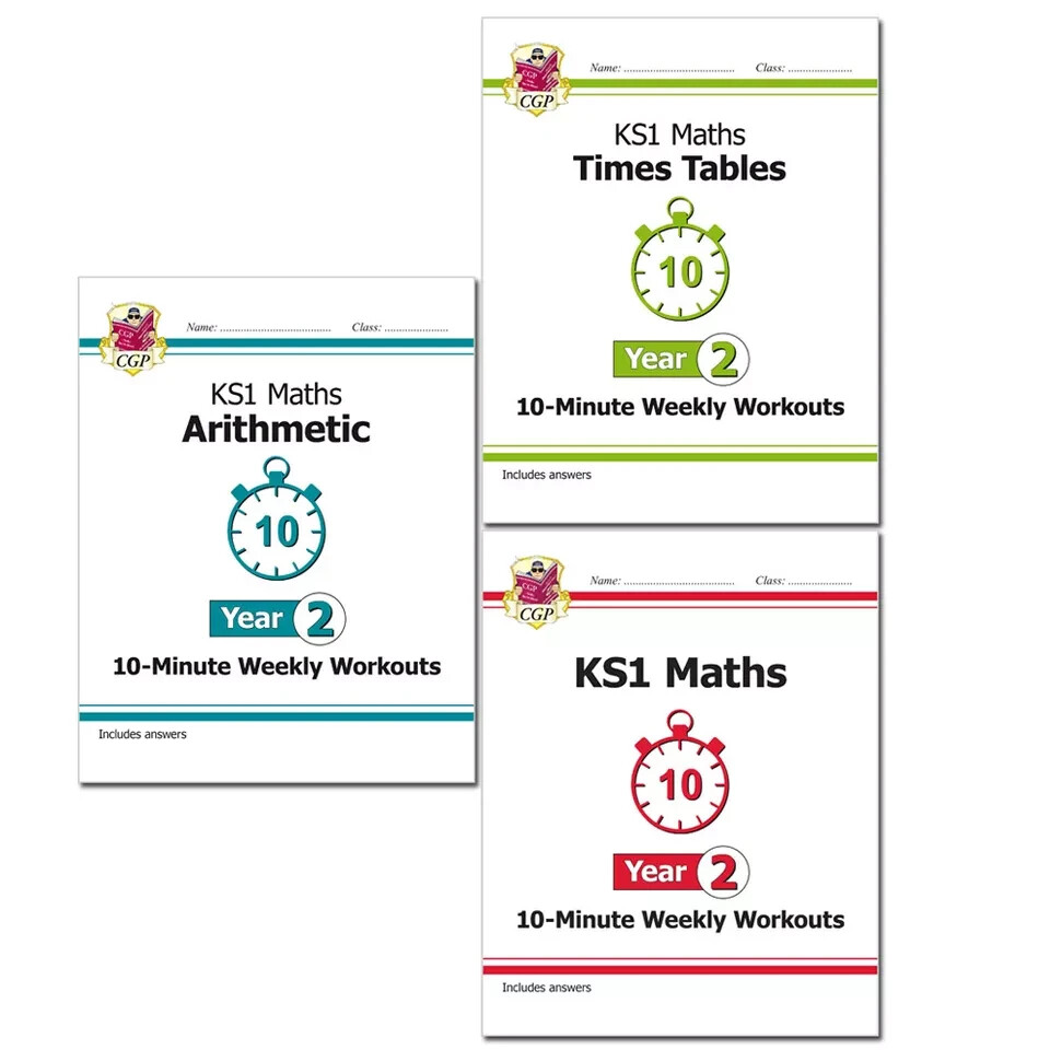 CGP KS1 Maths 3 Books Set Arithmetic,Times Tables 10-Minute Weekly Workouts NEW