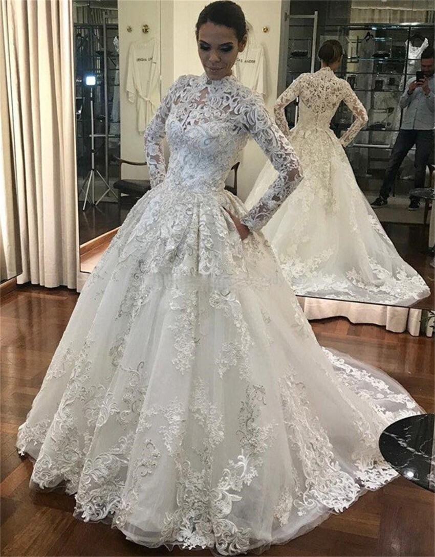 Vintage High Neck Wedding Dresses Long Sleeve Lace Appliques A Line Ball  Gowns