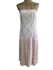 VTG Jessica McClintock 20s Style Pink Lace Drop Waist Pleated Dress Sleeveless M