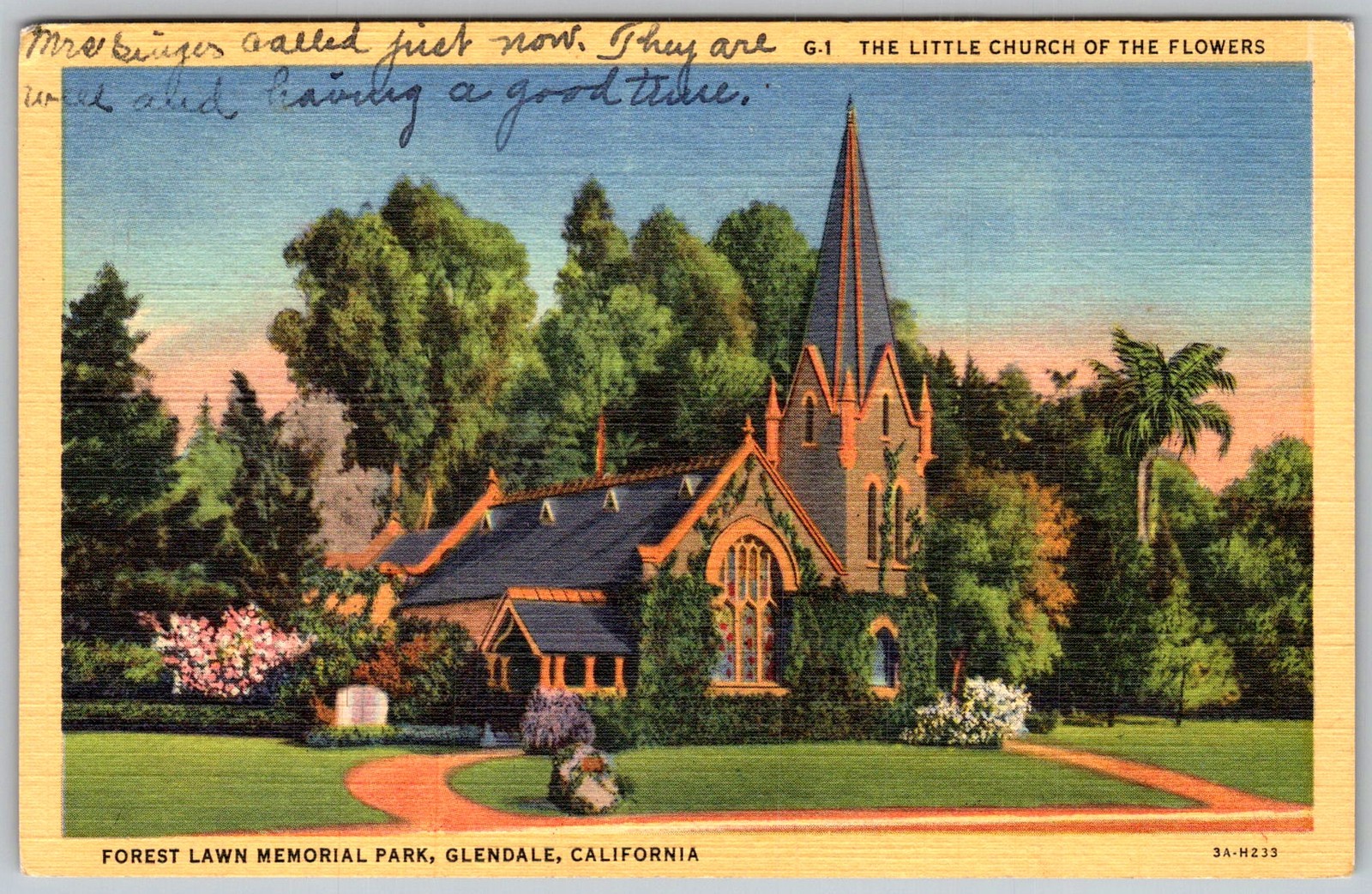 Vtg Linen Postcard Little Church Of The Glendale, CA 1940s