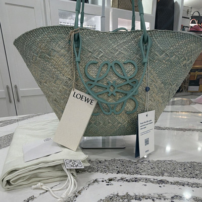 Loewe Woven Green Tote Bag Leather Handles Logo Accent Women