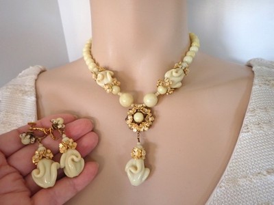 Vintage Miriam Haskell Glass Flower Necklace & Earrings Set Original Tag Yellow