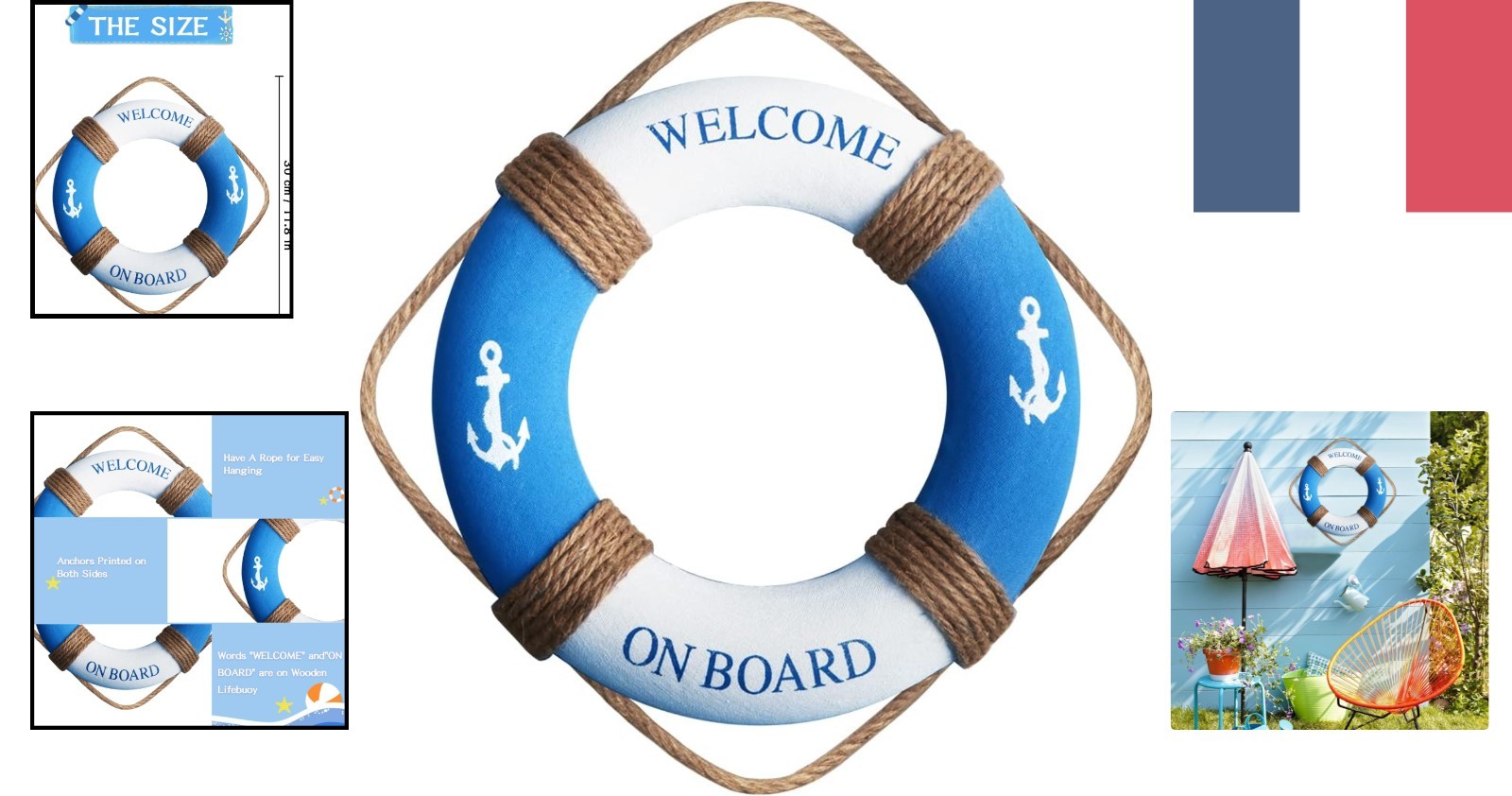 Bouée de sauvetage décorative marine 30cm en tissu bleu et blanc