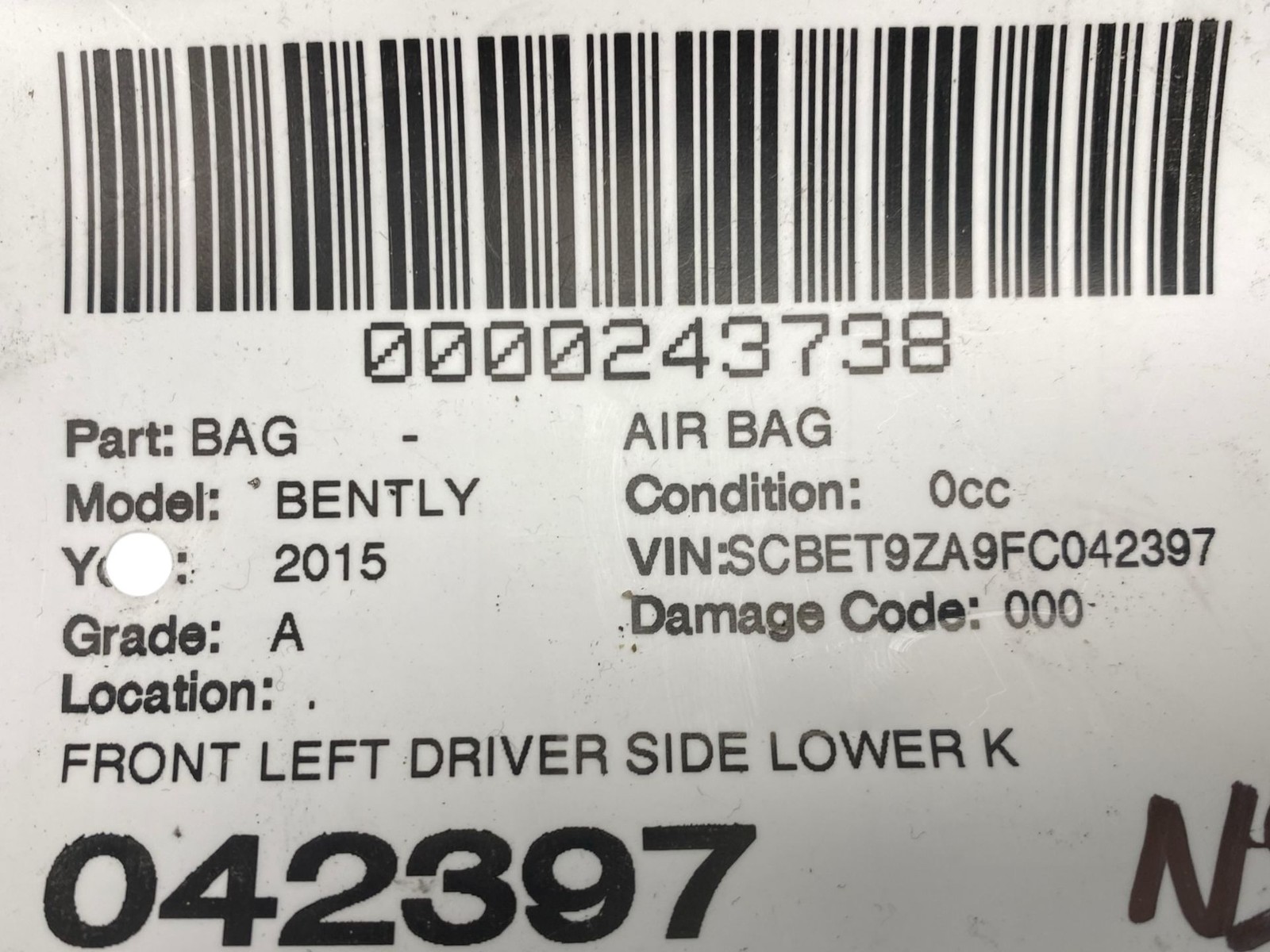 2013-2019 BENTLEY FLYING SPUR 4W 223B OEM FRONT LEFT SIDE LOWER KNEE AIR BAG SRS