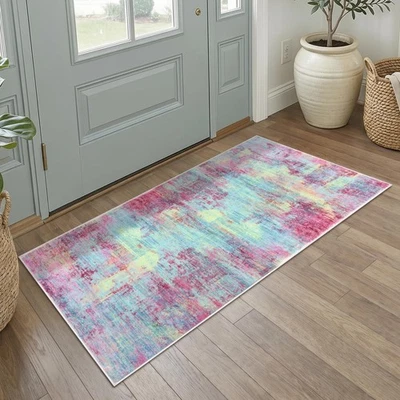 Abstract Runner Rug 2x4 Ft Pink Teal Washable Non-Slip Rubber Backed - Indoor - Image 1 of 4