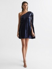 REISS Eva Sequin Cape One Shoulder Mini Dress Blue Size 8 Party Holiday Dance