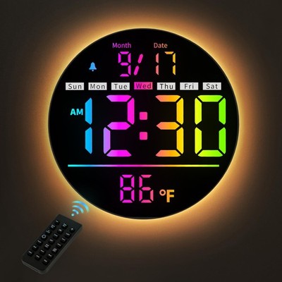 HAITANG Digital Wall Clock, 8'' Round Digital Clock with Large Display, 11RGB...