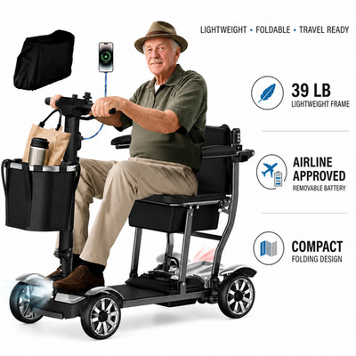 39LB 4-Wheel Mobility Scooter for Adults Seniors Foldable Electric Travel 15Mile