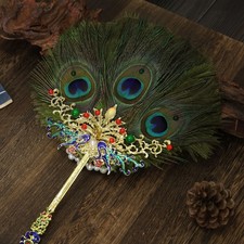 Vintage Peacock Feather Fan Chinese Hanfu Prop 25 30cm