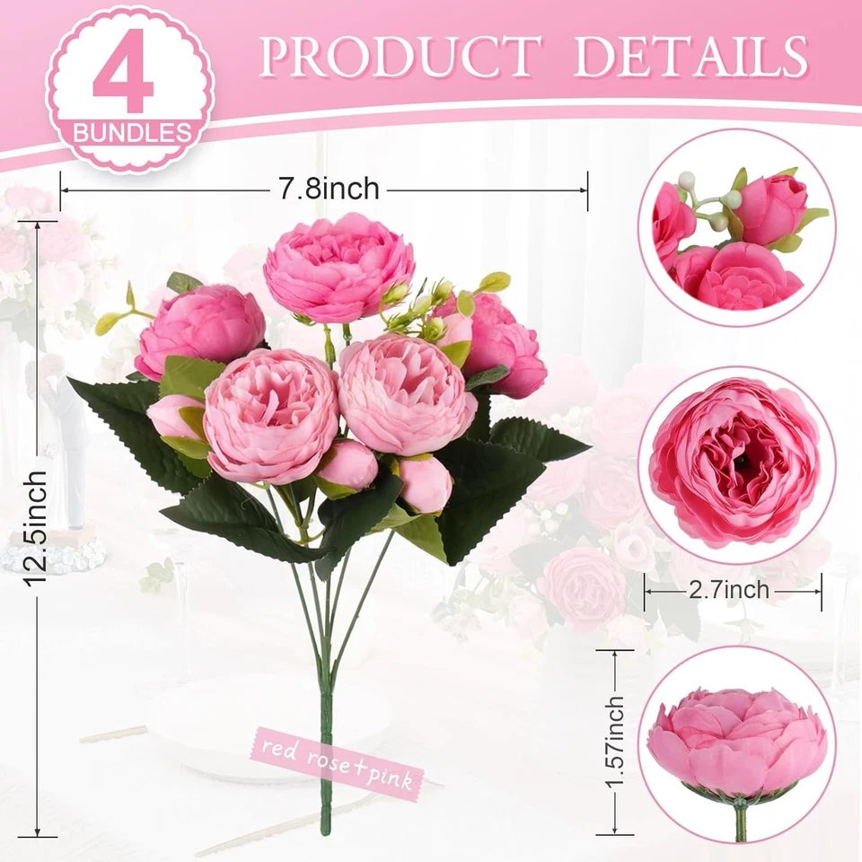 4 paquetes de flores falsas de seda con flores de peonía artificiales a granel para decoración de bodas en el hogar Foto 3 de 4
