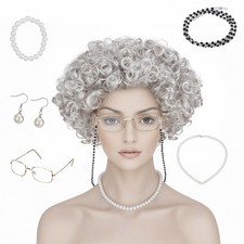 Old Lady Wig Costume Set Grandma Wig,7 Pcs Gray Granny Costume Wig Cosplay Wi...