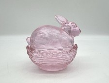 Mosser Glass - Bunny on Basket Nest Passion Pink Easter Spring Trinket Candy Box