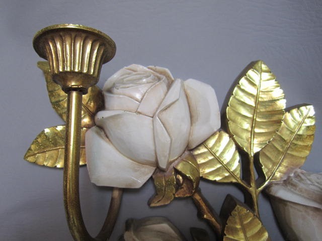 Vintage MCM Syroco Flower Wall Hanging Decor Roses Candle Holder 15" Gold White