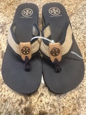 Tory Burch Frankie Flip Flop 7 Khaki Navy Blue Slip On Sandal Womens