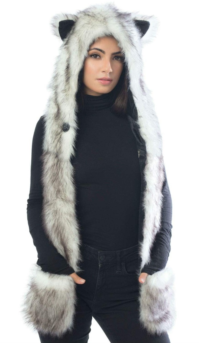 White Wolf Hood Faux Fur Hat Scarf Mitten, Paws 3 In 1 Cosplay