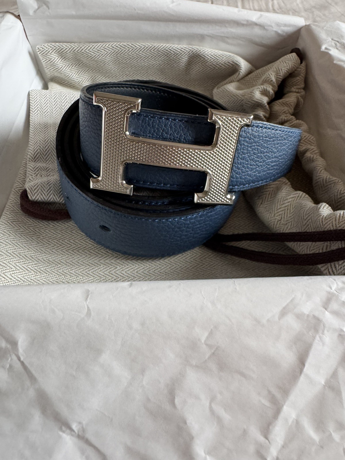 Hermes Reversible Belt Kit 90cm Togo bleu and Black Silver H Buckle 32mm