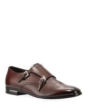 PRADA Fondo Gomma Leather Double Monk Shoes In Brown SZ 9.5/10.5US.
