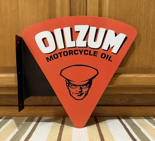 Oilzum Motorcycle Oil Flange Sign Gas Doubled Sided Vintage Style Wall Decor