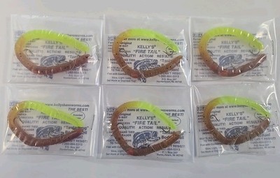 Kelly's  Bass Worms Fire Tail  Pumpkinseed/Chartreuse 6PK Pre-Rigged Scented
