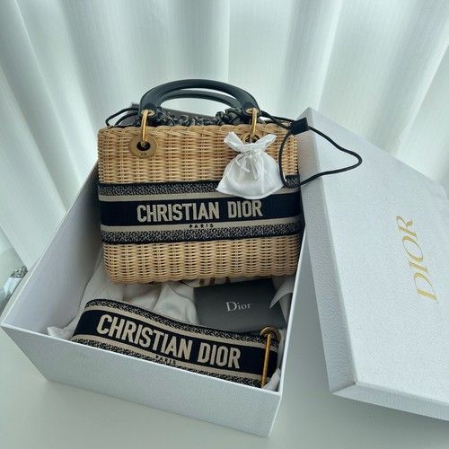 Christian Dior Lady Dior Medium Beige&Navy Rattan Canvas Crossbody Bag Duty Paid