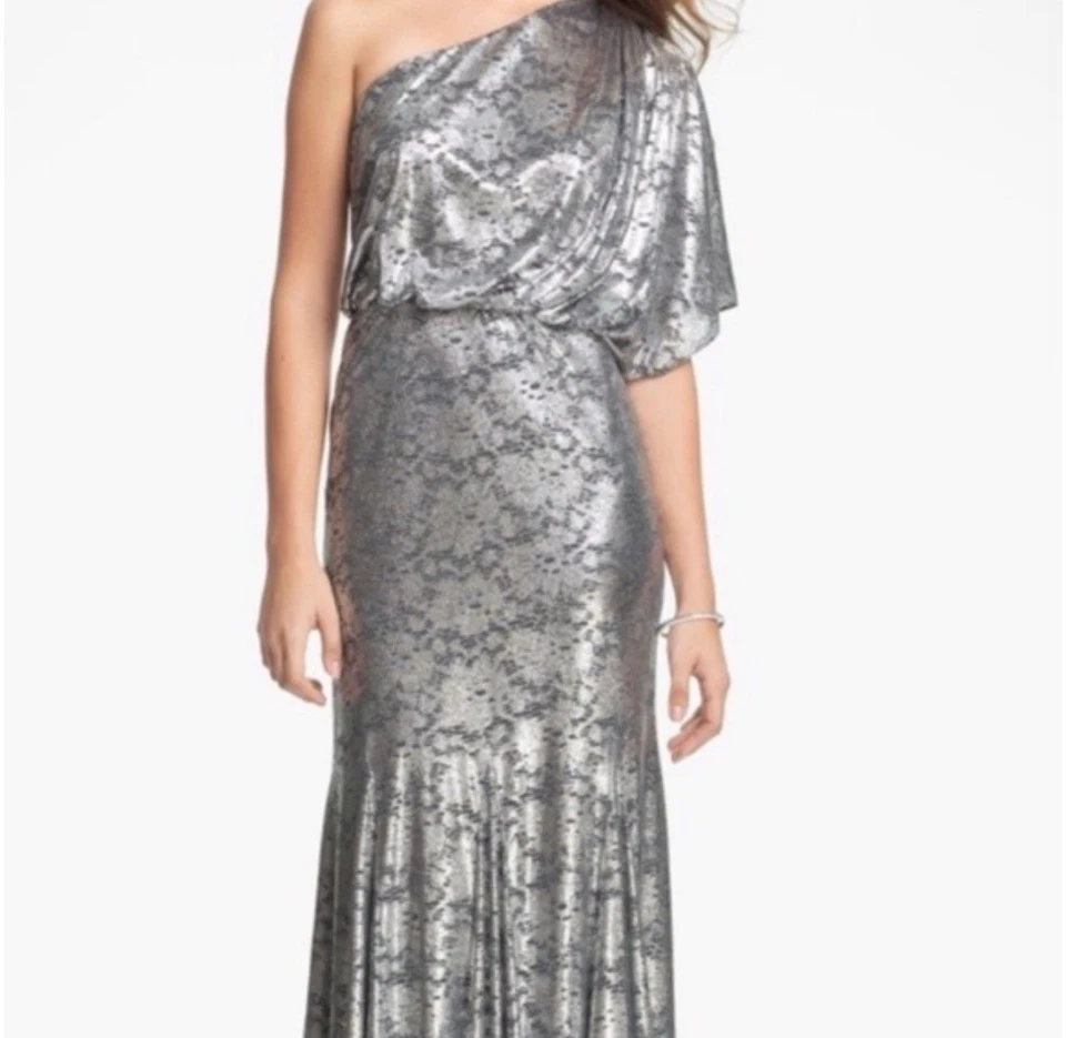 Adrianna Papell VTG One Shoulder Silver Metallic Liquid Gown Dress Formal 18 NEW - Image 2 of 4