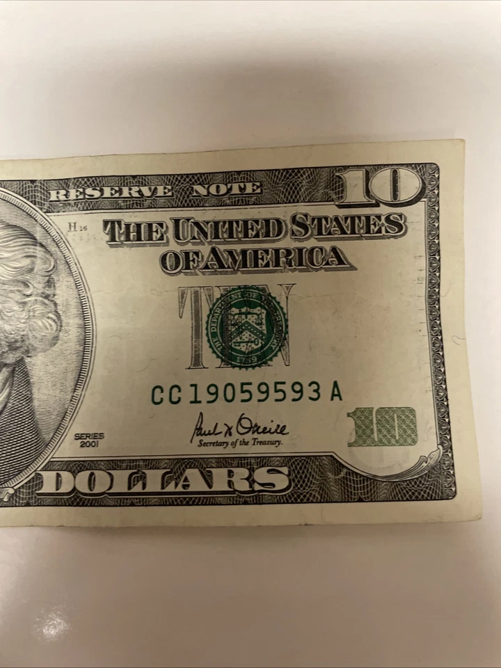 2001 $10 Ten Dollar Bill Federal Reserve Note  Vintage Rare 24 Years Old! - Image 2 of 4