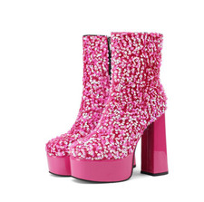 Womens Platform High Block Heel Sequins Party Shiny Side Zip Ankle Boots Shoes