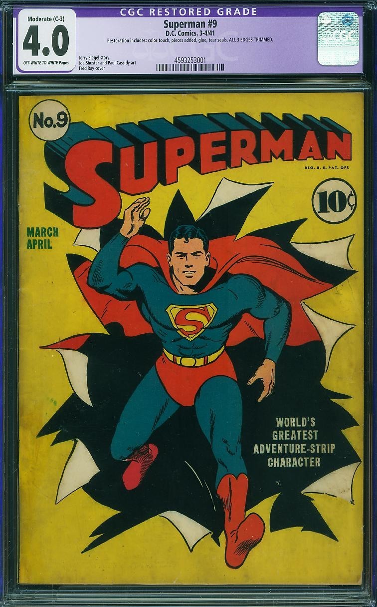 1941 D.C. Comics Superman 9 CGC 4.0. Classic Cover