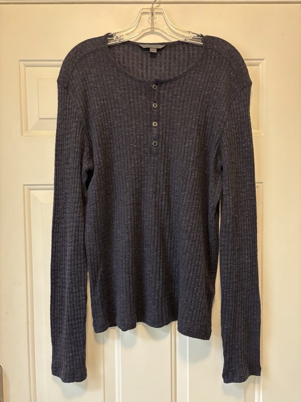 Men John Varvatos Navy Blue Rib Knit Cotton Viscose Henley Long Sleeve T Shirt M