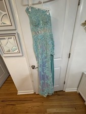 Sherri Hill Aqua One Shoulder Lace Prom Dress Size 4 High Slit Open Back Formal