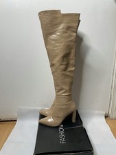 Fashion Nova Beige Crocodile Embossed Over-the-Knee Block Heel Boots