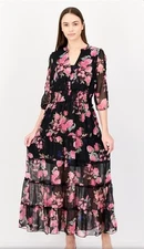 Women's V Neck Floral Maxi Dress Size S US 6-8 Black Multicolor Tiered