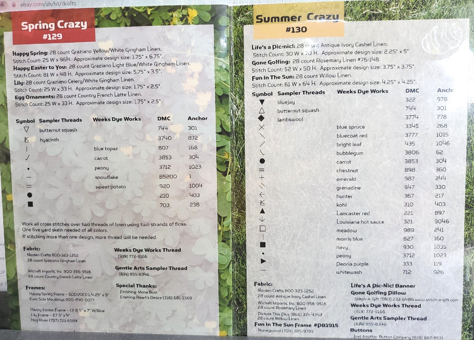 Lot of 2 Lizzie Kate SPRING CRAZY & SUMMER CRAZY Charts Cross Stitch