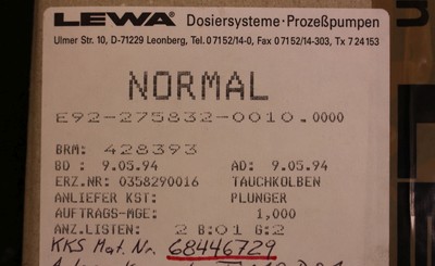 LEWA submersible piston size 16 - no. 540.035829.0016 - for dual diaphragm metering pump