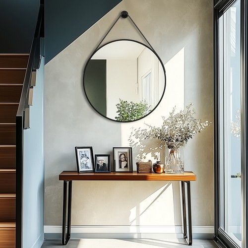 Round Wall Mirror With Gold/ Black Leather Strap for Makeup Hallway Living Room - Picture 67 of 86