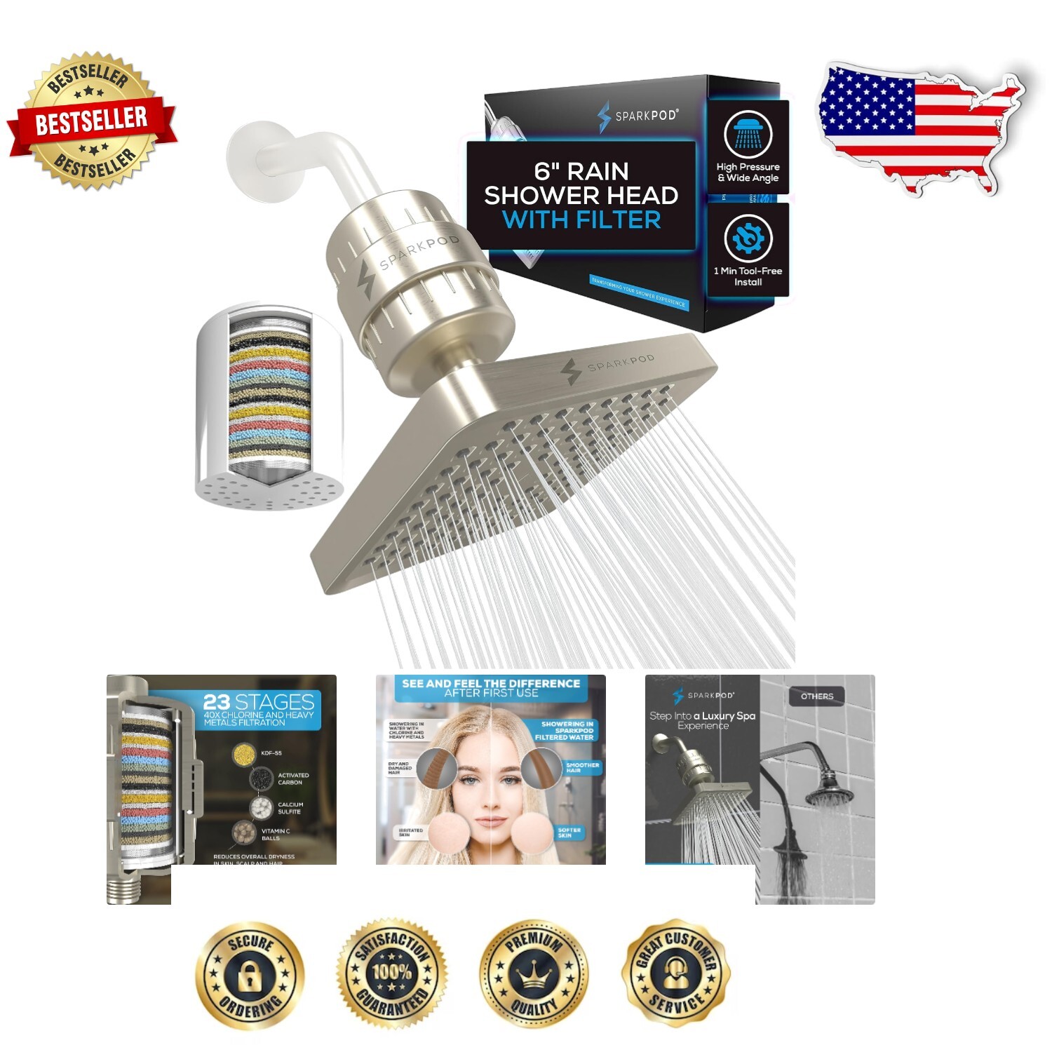 High Pressure Shower Head with 23-Stage Filter - Elegant Brushed Nickel Finish