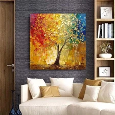 Abstract Hand-Painted Oil Painting on Canvas wall Art Yellow Lucky Tree 24in