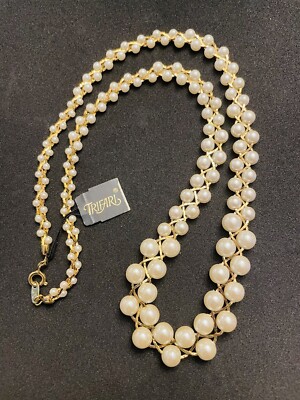 NWT 1970s Trifari 24  Faux Pearl Gold Tone Braid Woven Chain Necklace MINT
