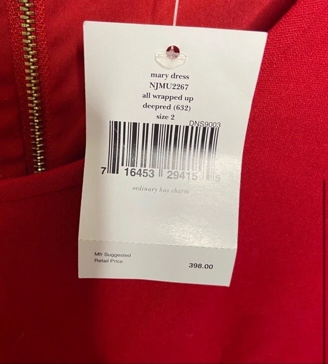 Abito rosso Mary Kate Spade taglia 2 nuovo con etichette $398 tutto avvolto vestito peplo manica a gomito