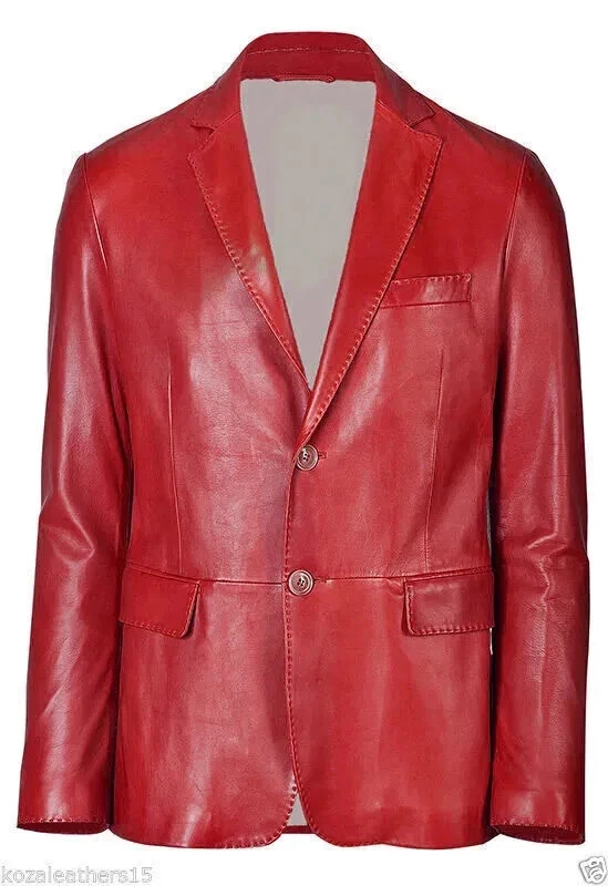DESIGNER New Men's Red LeatherBlazer Real Lambskin Stylish Slim FitOutWearBlazer