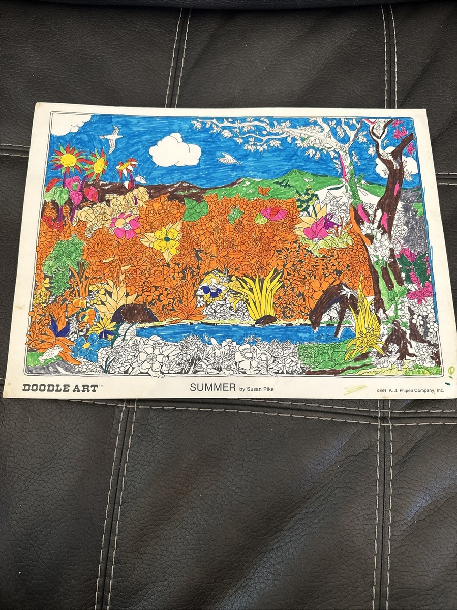 Vintage Doodle Art Coloring Poster Summer Colored 1976 RARE 15x11