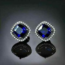 3Ct Cushion Blue Sapphire Created Diamond Halo Stud Earrings 14K White Gold Over