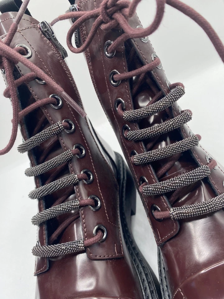 Botas de combate DKNY para mujer marrón malaya con cordones de cuero con cremallera talla 8M nuevas sin caja Foto 3 de 4